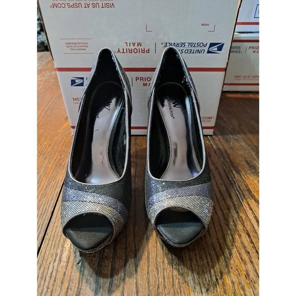 8M Worthington Lana Pewter Black Metallic Peep Toe High Heel Pump Dress Shoes